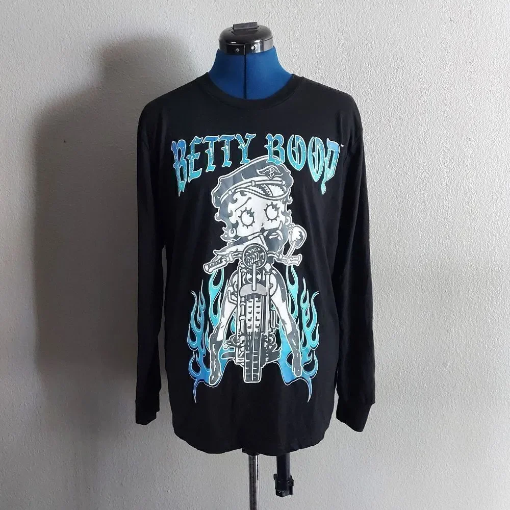 Unisex Betty Boop Blue Flame Motorcycle Long Sleeved Shirt Size Medium